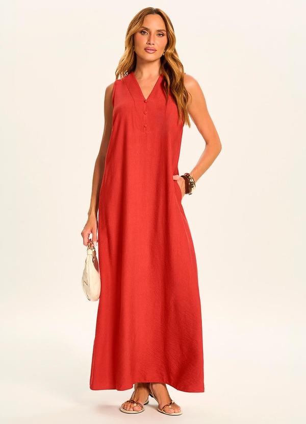 Vestido Longo Reto com Botões e Bolsos Vermelho