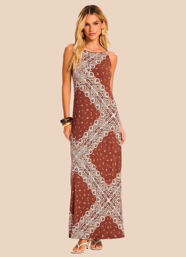 Vestido Longo Reto de Alça Estampado Marrom