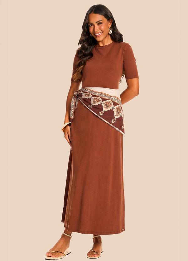 Vestido Longo Reto Manga Curta Miragem Marrom
