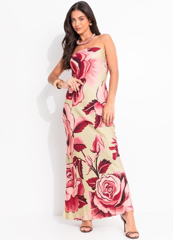 Vestido Longo sem Alça Rosas Pintadas Verde