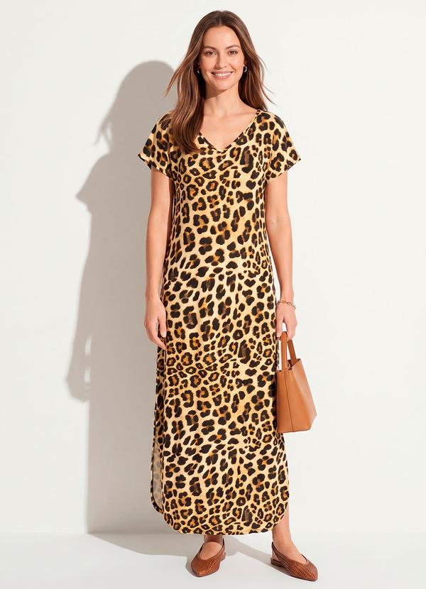 Vestido Longo Soltinho com Fenda Oncinha
