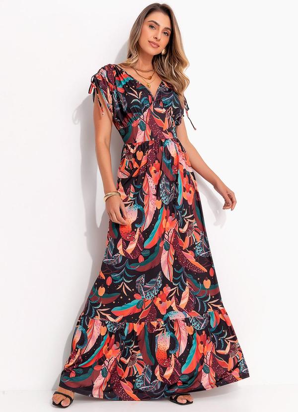 Vestido Longo Tropical Preto com Amarrações
