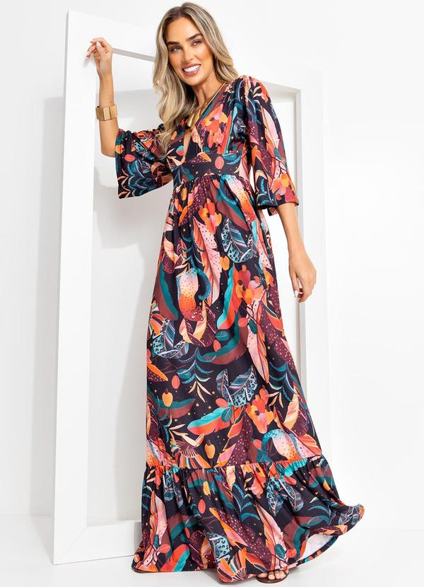 Vestido Longo Tropical Preto com Mangas Amplas