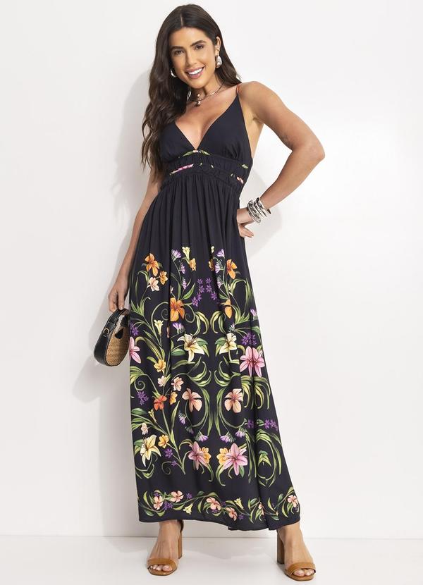 Vestido Longo Vestida de Flor Preto