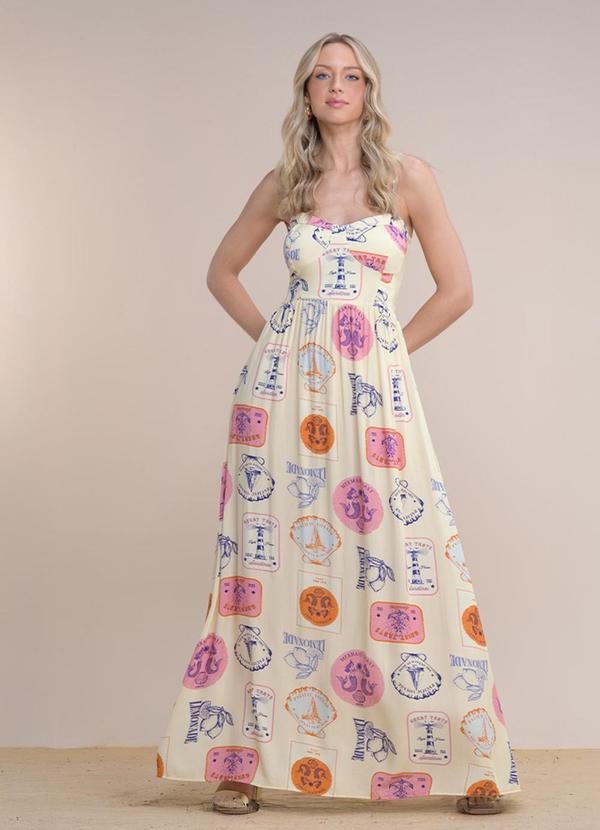 Vestido Longo Viscose Estampada Bege