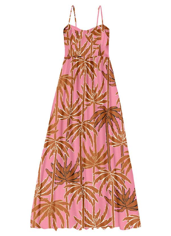 Vestido Longo Viscose Estampada Rosa