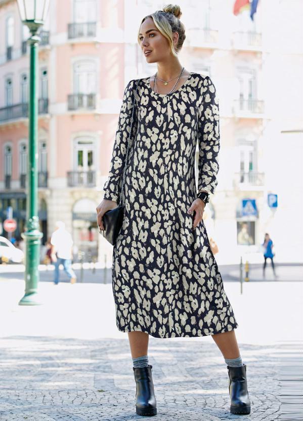 Vestido Manga Longa com Bolsos Estampado/Onça