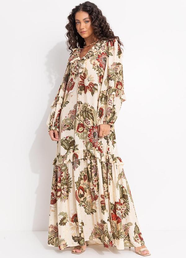 Vista 2 Vestido Mangas Floral Raiana Bege FARM FARM