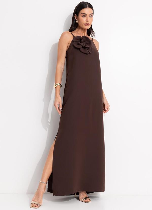 Vestido Marrom em Crepe Plano Acetinado