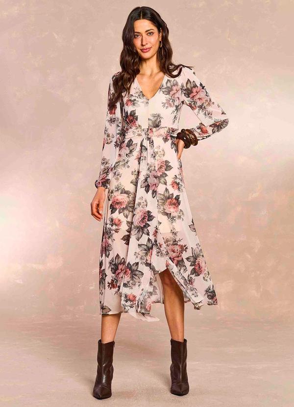 Vestido Midi Aquarela Rose em Tule Estampado