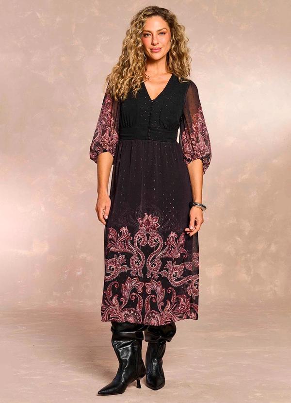 Vestido Midi Jardim Boho em Chiffon Preto