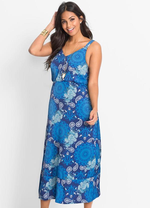 Vestido Paisley Azul em Crepe Plano