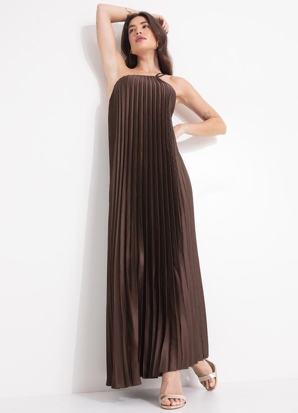 Vista 2 Vestido Plissado Longo Marrom FARM FARM