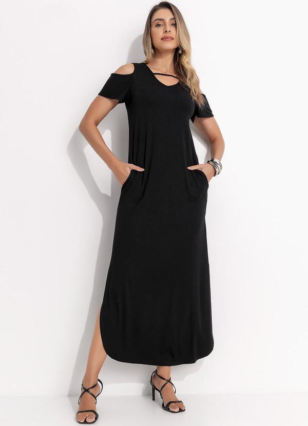 Vista 2 Vestido Preto Longo com Fendas e Ombro Vazado Quintess Quintess
