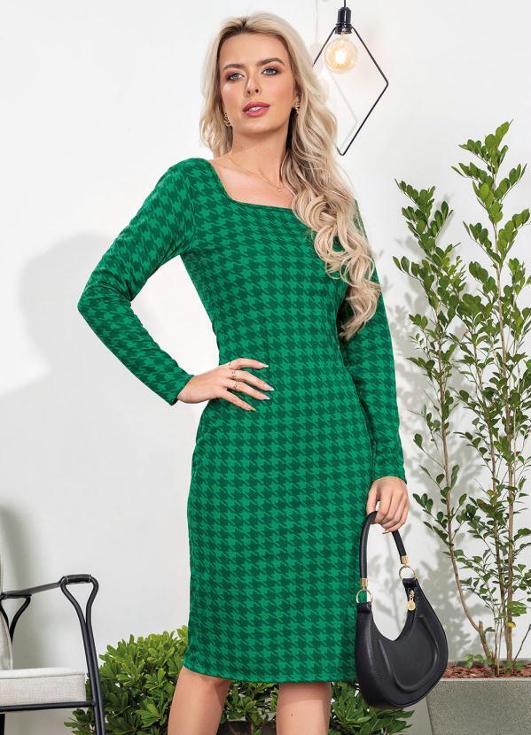 Vestido Tubinho com Manga Longa Pied Poule Verde