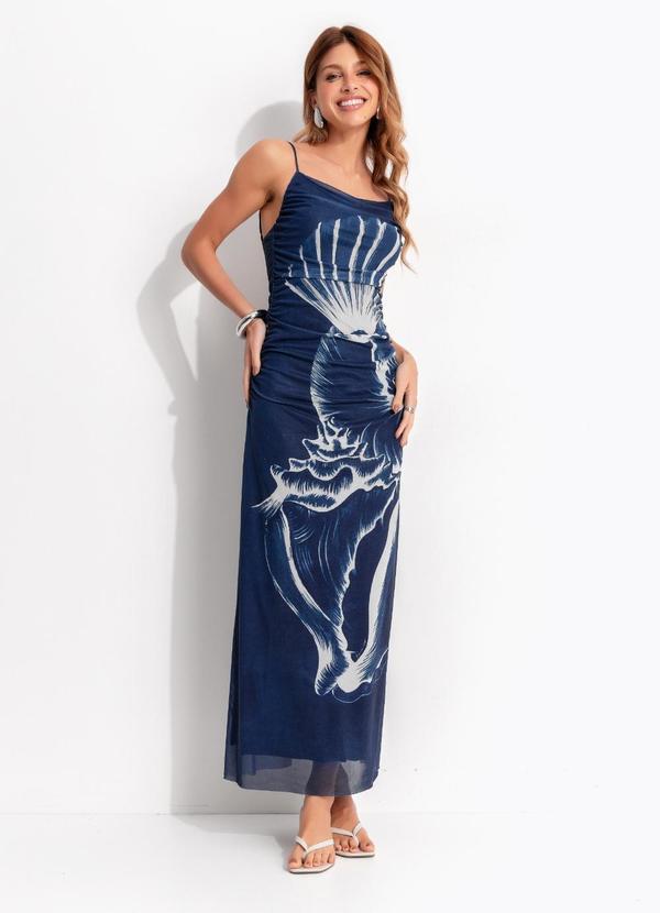 Vestido Tule Maxi Conchas Azul