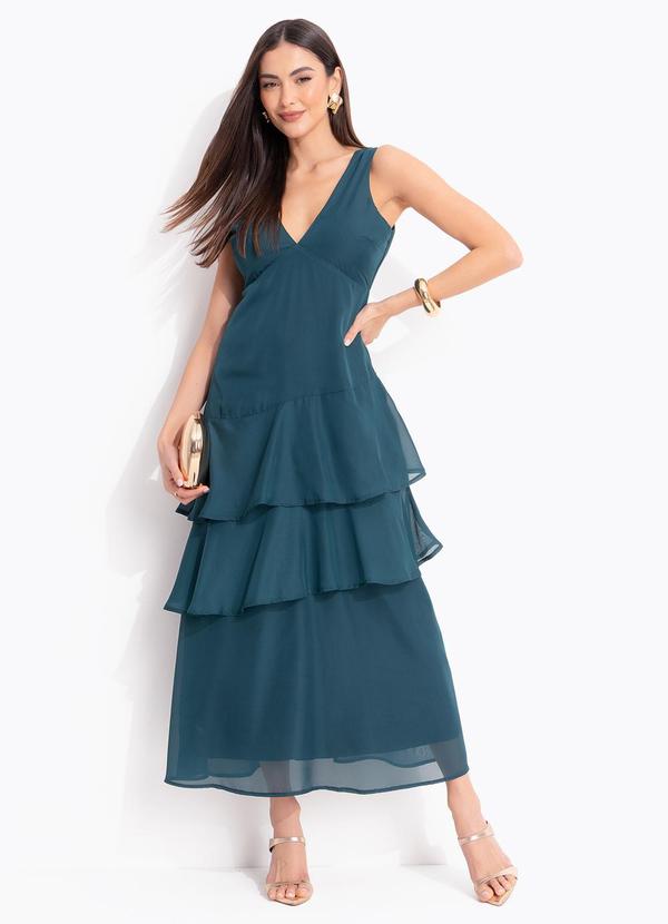 Vestido Longo Verde Petróleo em Chiffon com Babados em Camadas e Decote V