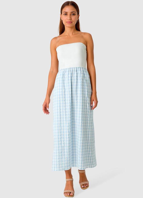 Vestido Xadrez Longo Canelado Azul Claro