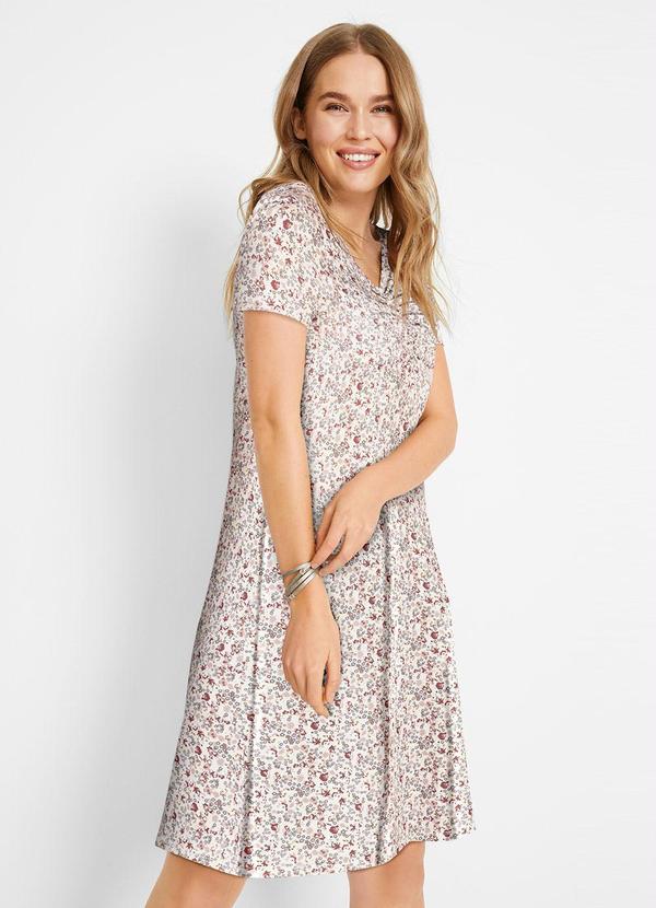 Vestido com Drapeado Manga Curta Floral Bege
