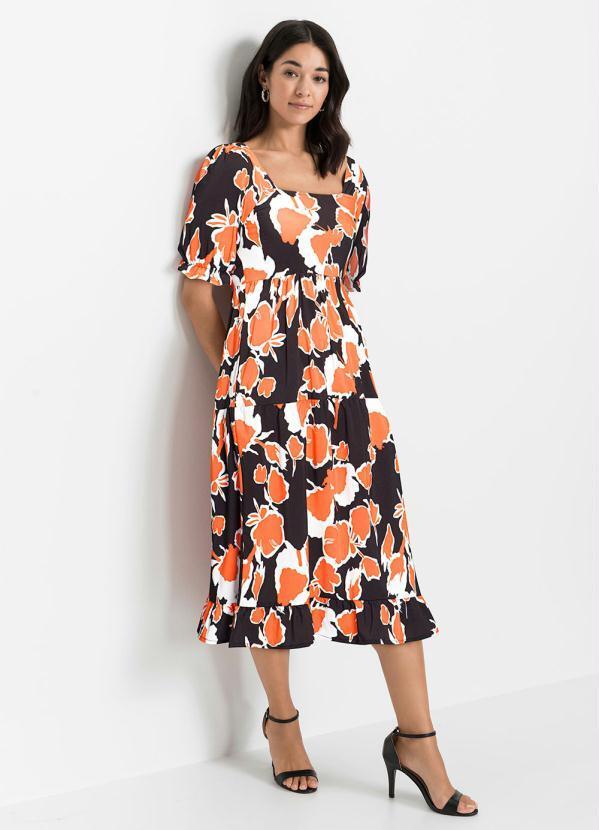 Vestido Decote Quadrado Floral Laranja