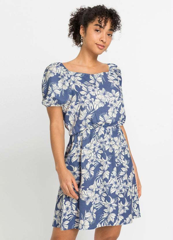 Vestido Decote Quadrado Folhagem Azul