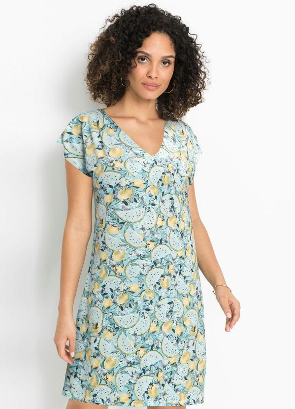 Vestido Decote V Manga Curta Amarelo e Azul
