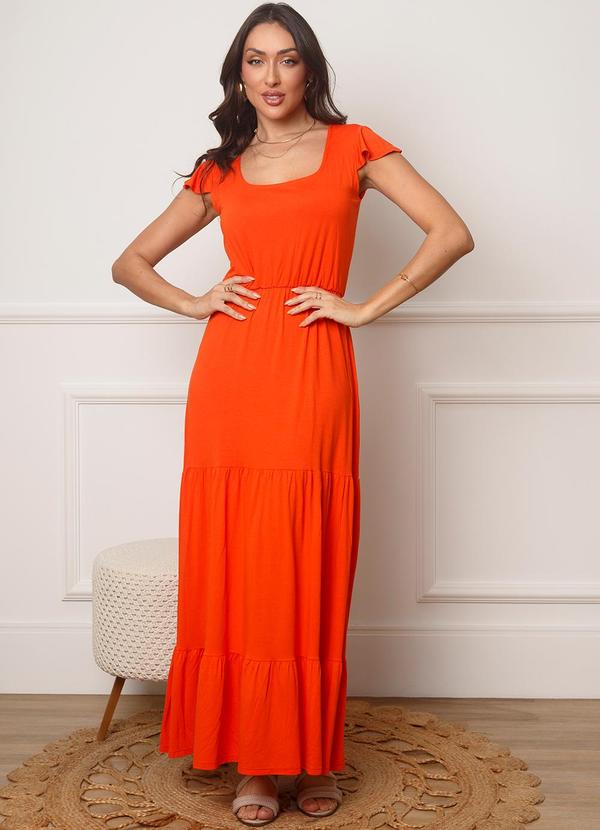 Vestido Longo com Manga Curta e Recorte Laranja