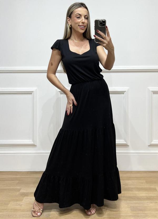 Vestido Longo com Manga Curta e Recorte Preto