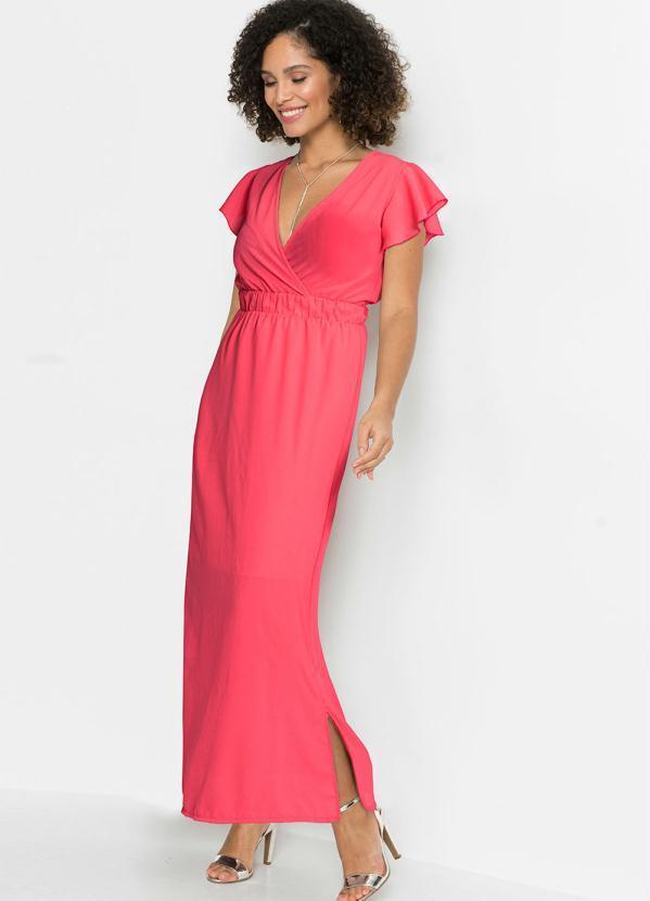 Vestido Longo Manga com Babado Rosa