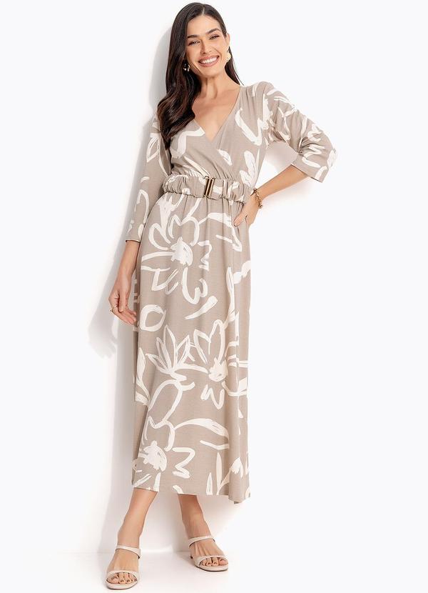 Vista 2 Vestido Floral Bege em Malha de Viscose Quintess Quintess