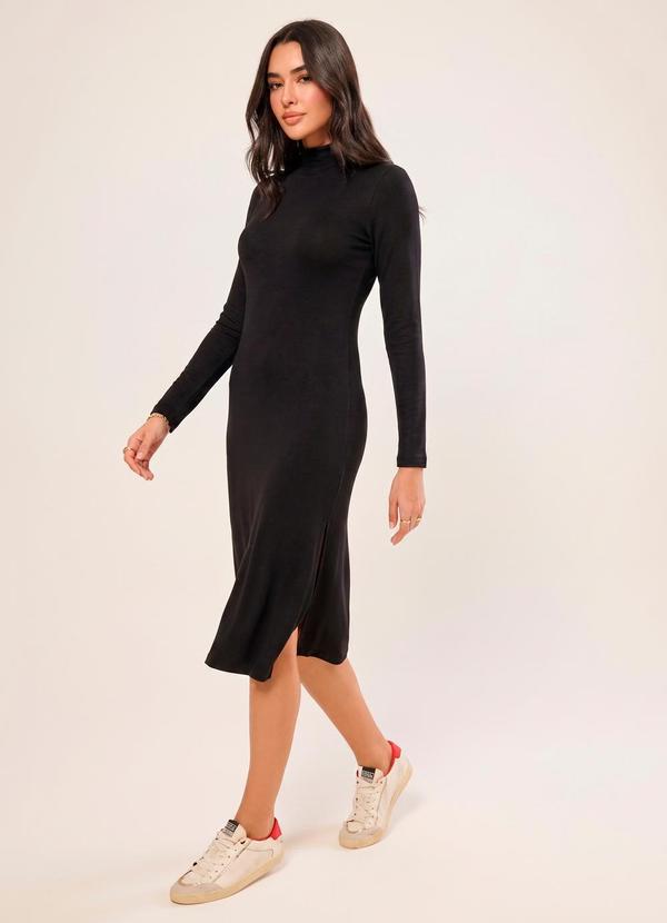 Vestido Manga Longa Canelado Preto