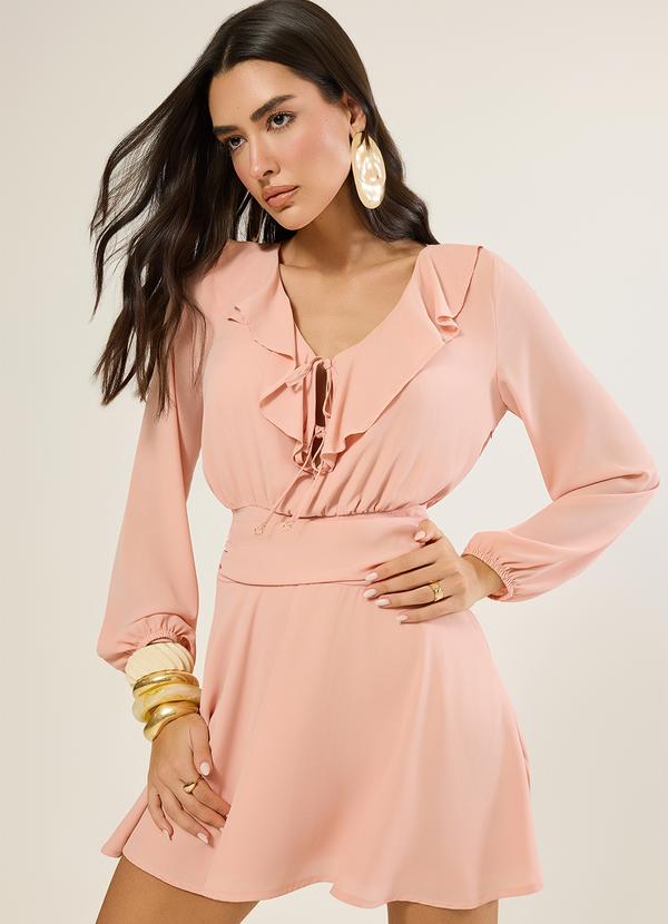 Vestido Manga Longa com Babados Nude Rosado