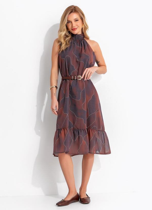Vestido Abstrato Marrom em Tecido Fluido