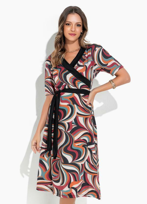 Vestido Abstrato Nude com Faixa