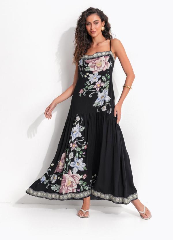 Vestido Alcinhas Flor de Outono Preto