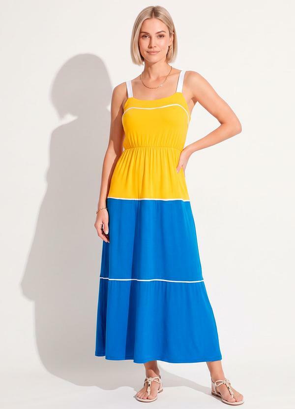 Vestido Azul/Amarelo com Viés Contrastante