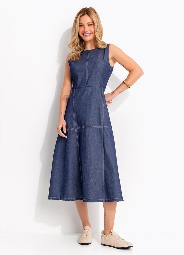 Vista 2 Vestido Midi Jeans Azul Escuro com Costuras Contrastantes Quintess Quintess