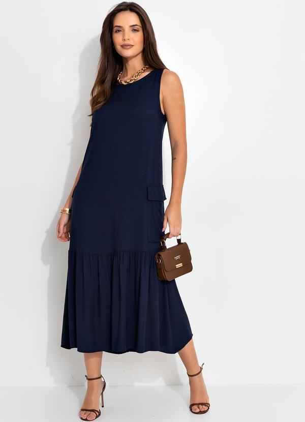 Vestido Azul Marinho em Viscose Plana Sarjada