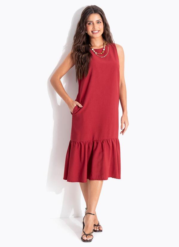 Vestido Bordô em Tecido de Alfaiataria de Viscose com Poliéster