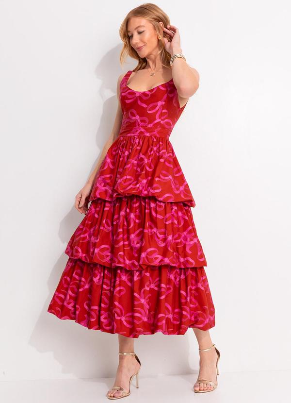 Vestido Camadas Balonê Laços Vermelho