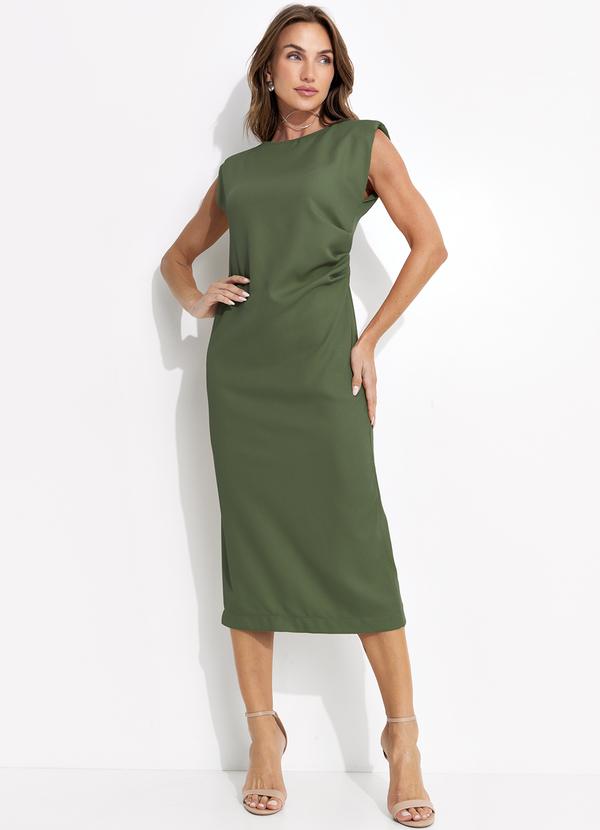 Vestido Midi Verde em Crepe com Ombro Estruturado e Drapeado Lateral