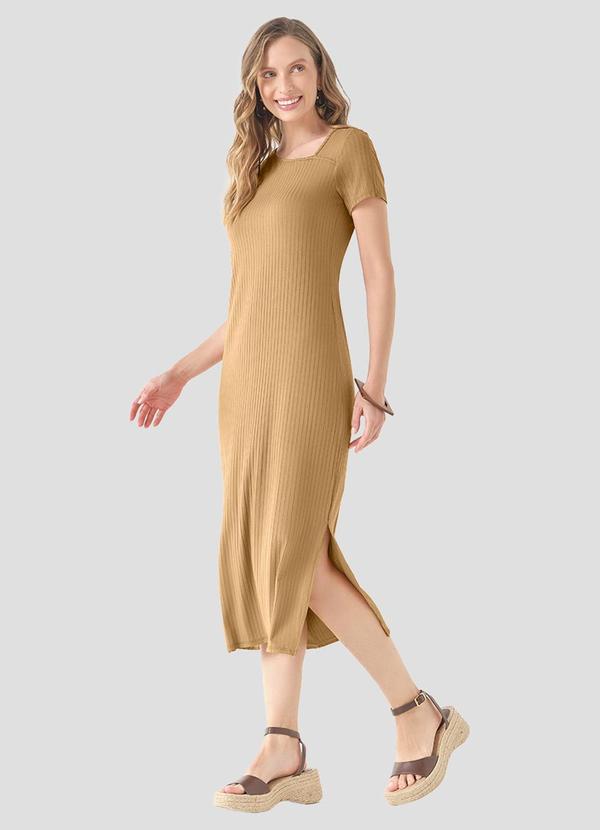 Vestido Canelado em Viscose com Elastano Marrom