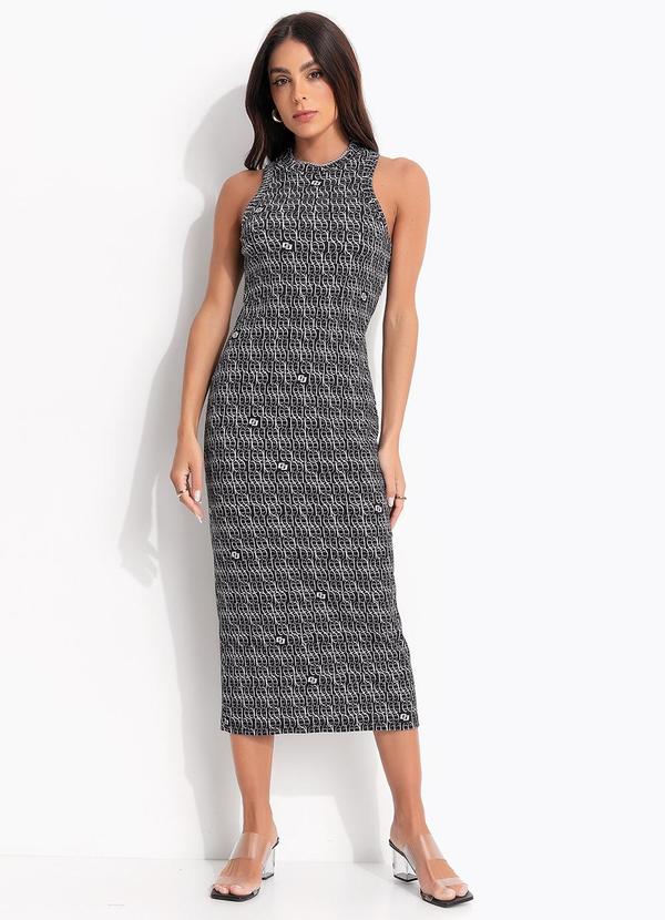 Vestido Canelado Estampado Preto