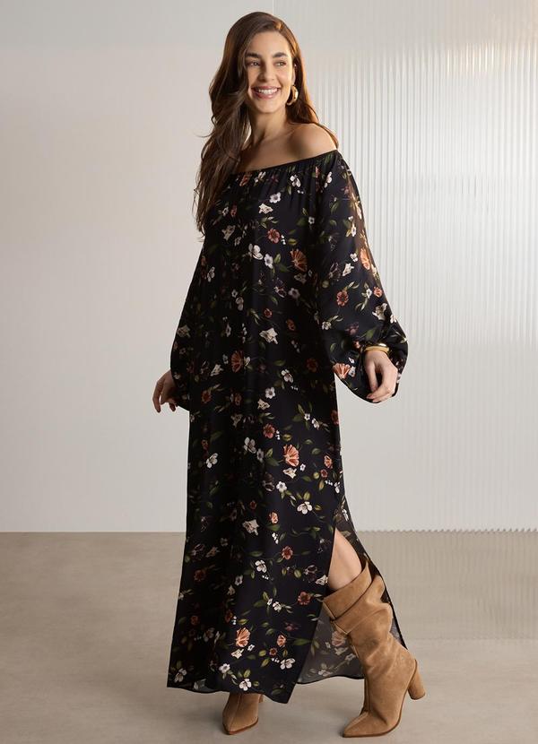 Vestido Chá Estampado com Mangas 3/4 Preto