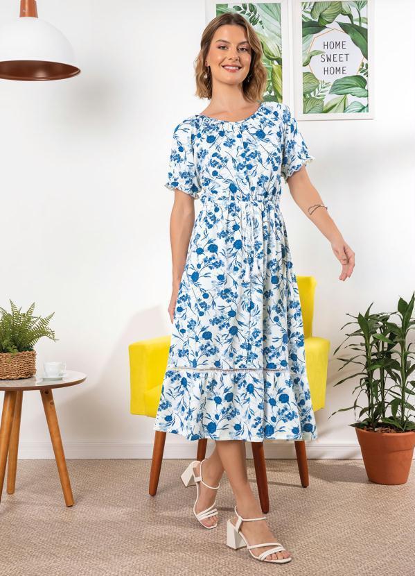 Vestido com Amarração Floral Azul