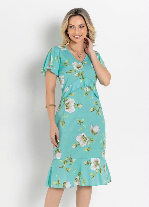 Vestido com Babado Floral Verde