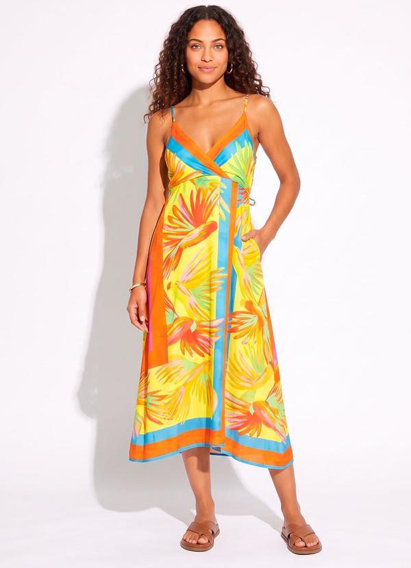 Vestido Cropped de Viscose Pássaros Pintados Lenço Amarelo