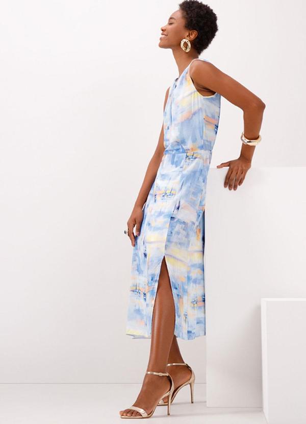 Vestido Estampado Midi com Torção no Decote Azul