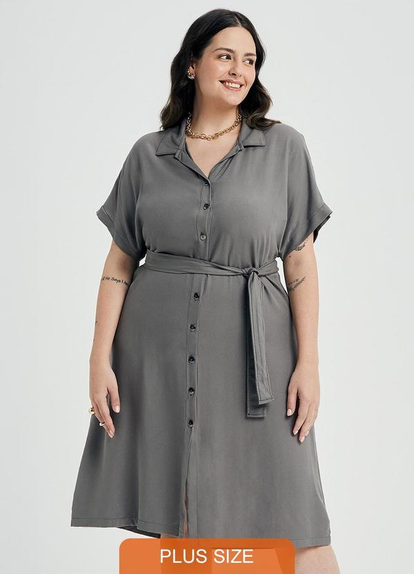 Vestido Feminino Midi Chemise com Faixa Cinza
