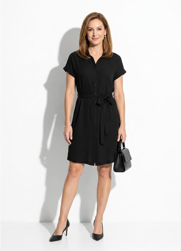 Vestido Feminino Midi Chemise com Faixa Preto